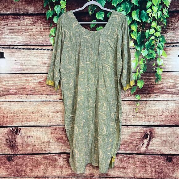 Kurta Midi Tunic Dress XXL 2XL Floral Garden Tear Drop Aztec Tribal Green Yellow - Picture 4 of 5